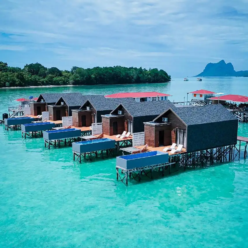 High angle drone shot of Turtle Seaweed Resort in the Semporna Islands